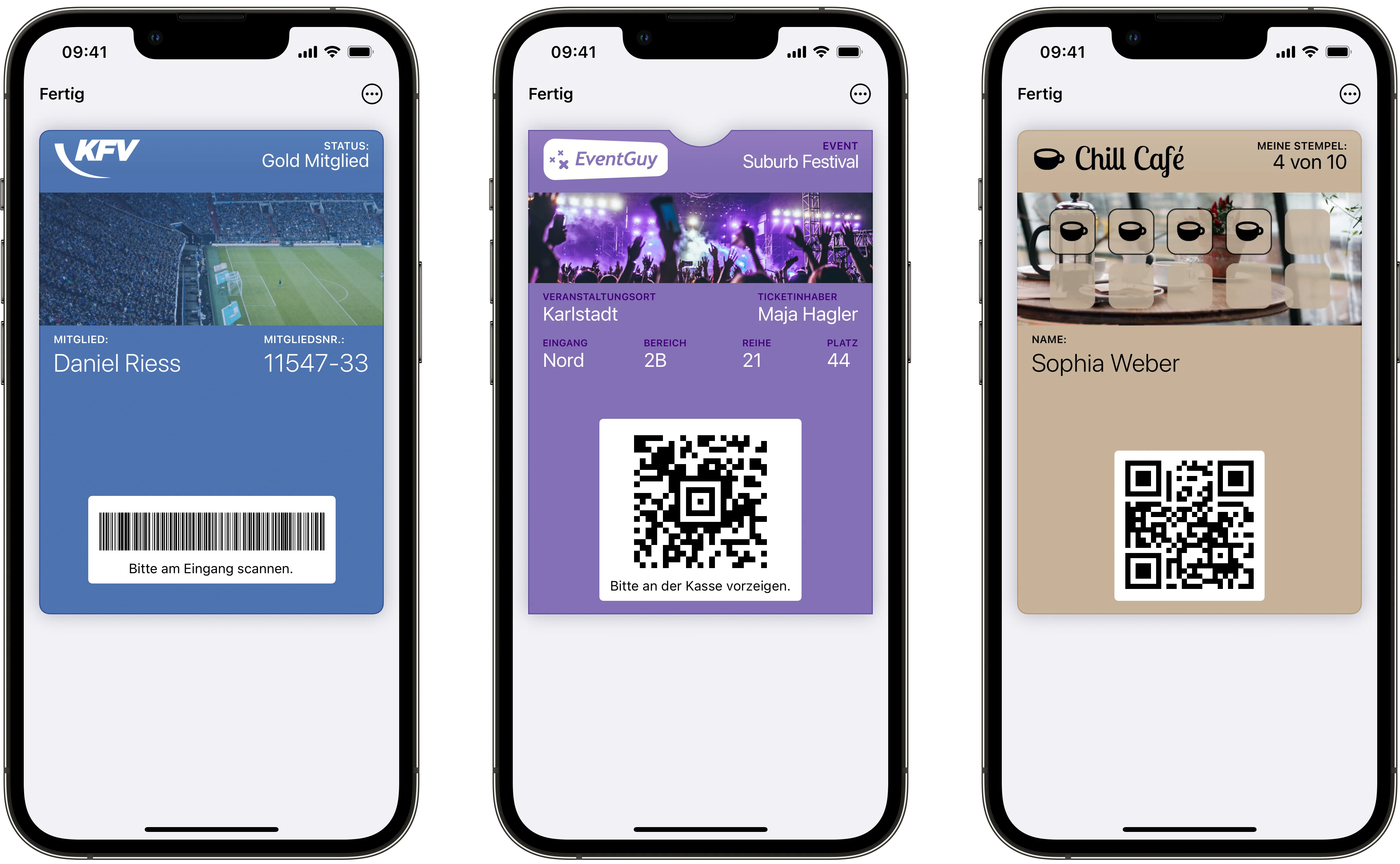 Screenshots von verschiedenen Pass-Typen: Von Mitgliedsausweis bis Eventticket über Stempelkarte