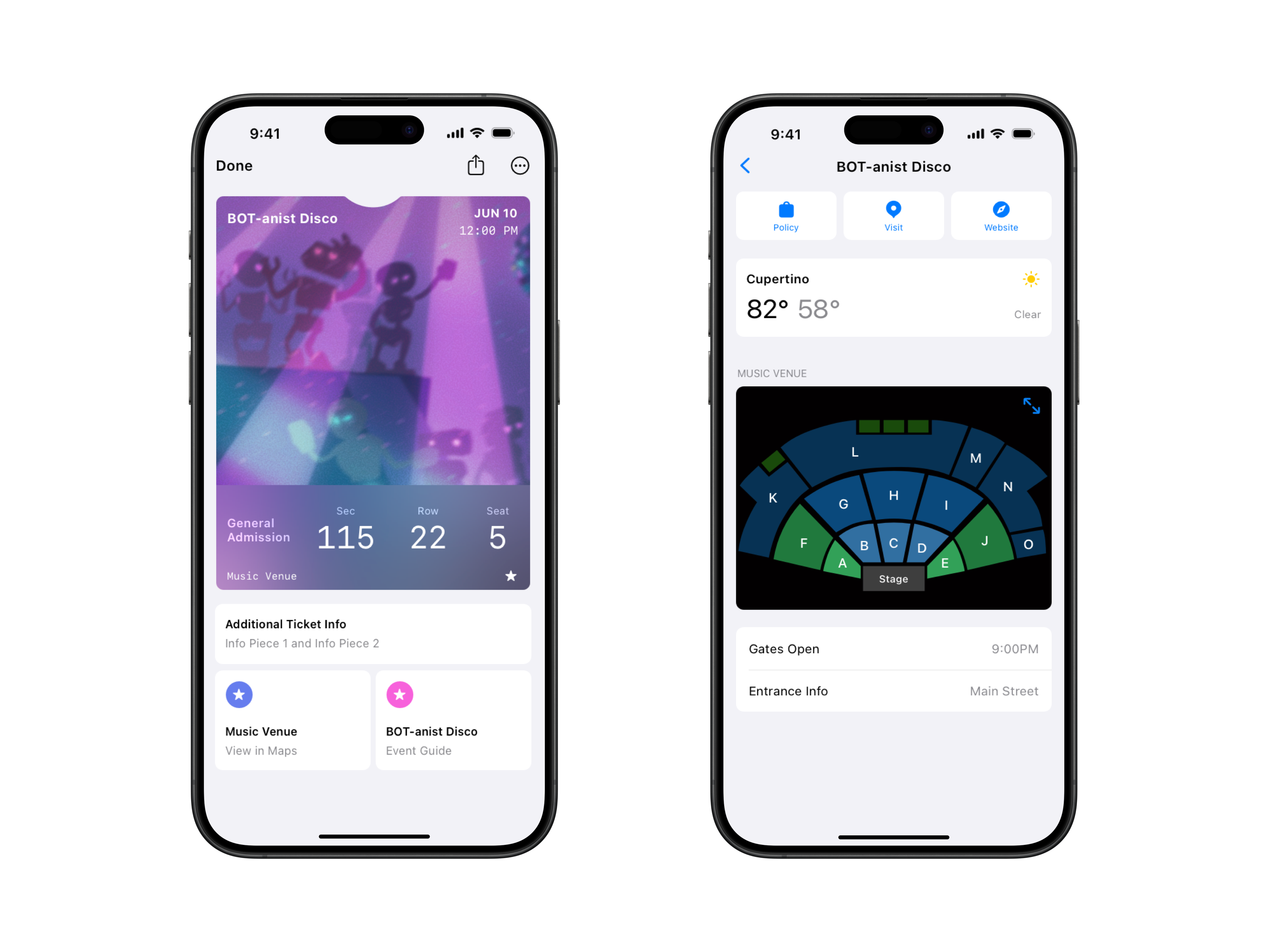 Figure 1: The new layout of the event ticket in Apple Wallet, including the Event Guide, venue maps and live activities