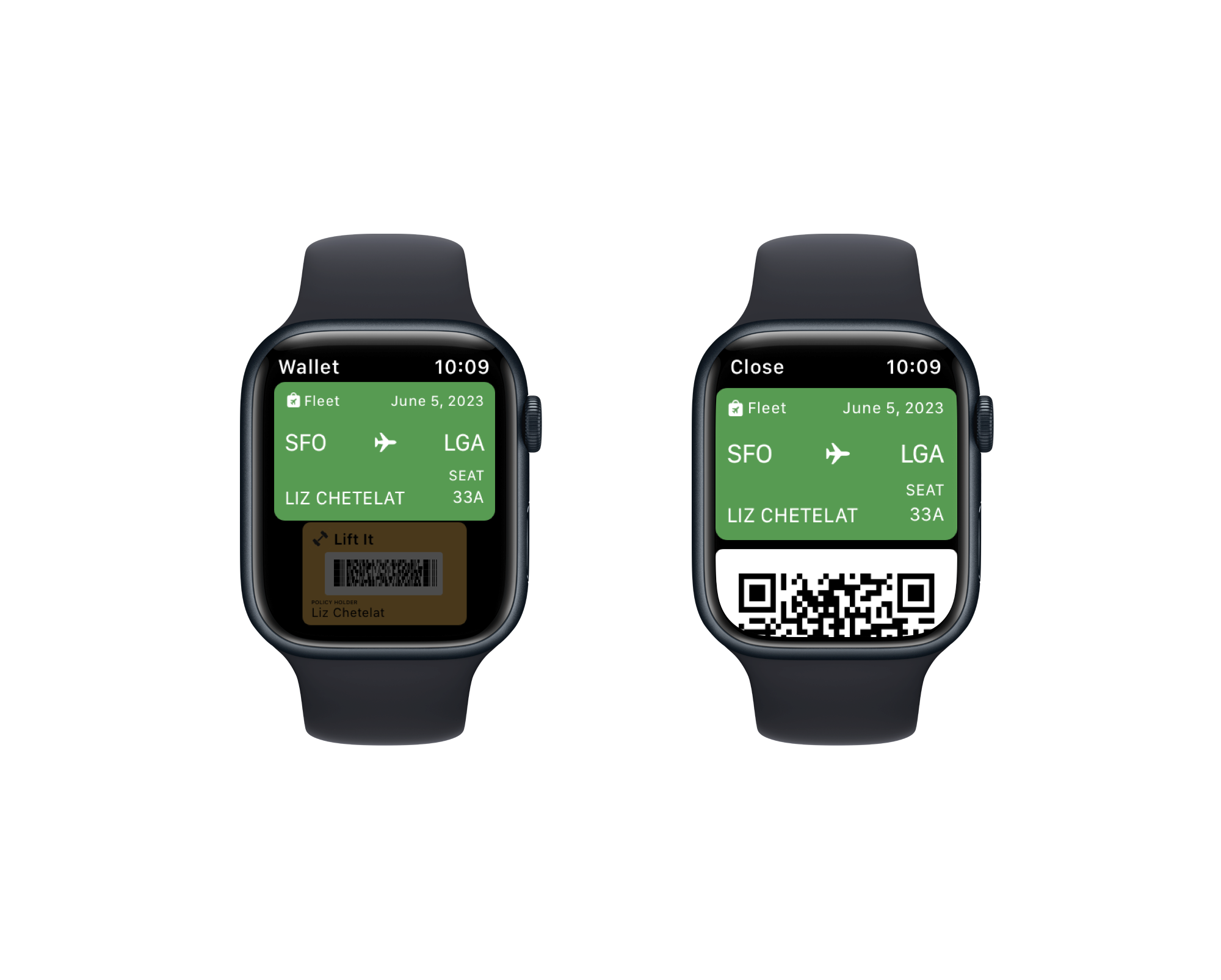 Figure 3: Event tickets on the Apple Watch feature a compact design incorporating the logo, ticket information and barcode, providing quick access to your wrist. Live Activities display relevant information directly on the small screen.