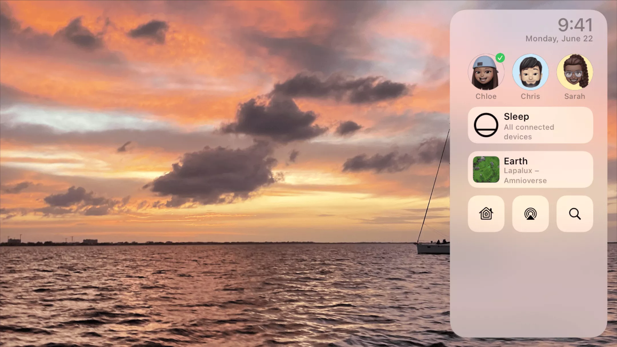 Abbildung 3: App Steuerungselement mit transparent verschwommenen Hintergrund und einem Hintergrundbild mit Meer, Sonne und Wasser.