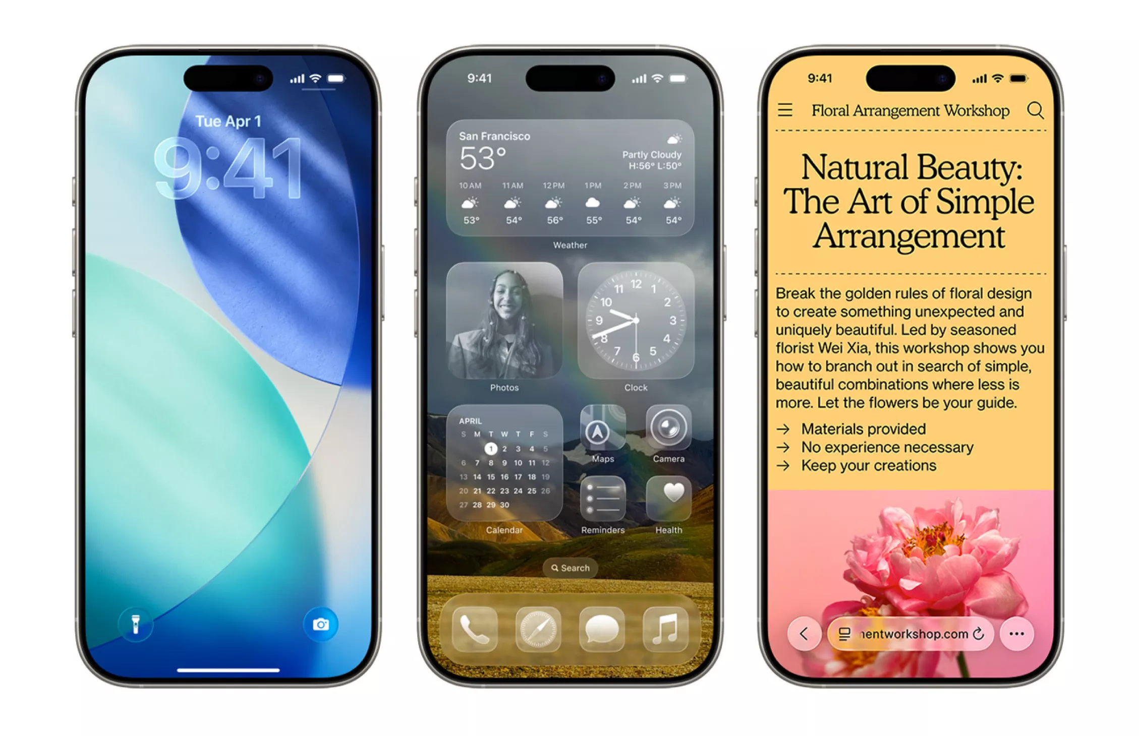 Abbildung 7: Drei Screens mit dem neuen Liquid-Glass-Design. Zu sehen sind der Sperrbildschirm, der Homescreen und die Navigation in Safari. Das Bild veranschaulicht die transparente und schwebende Ästhetik des neuen Designs.