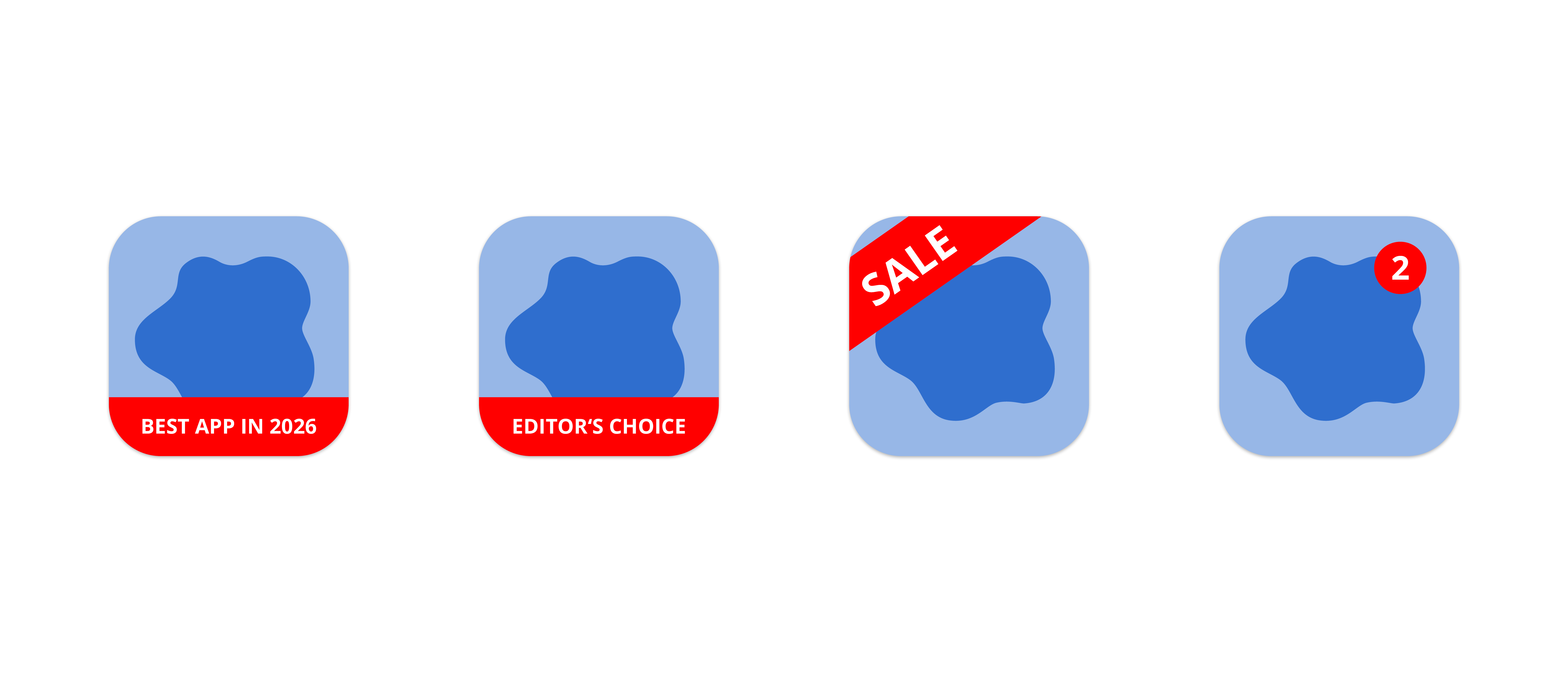 Darstellung verbotener Elemente in Google-Play-App-Icons wie Rabatte, Sonderaktionen und irreführende Gestaltung.