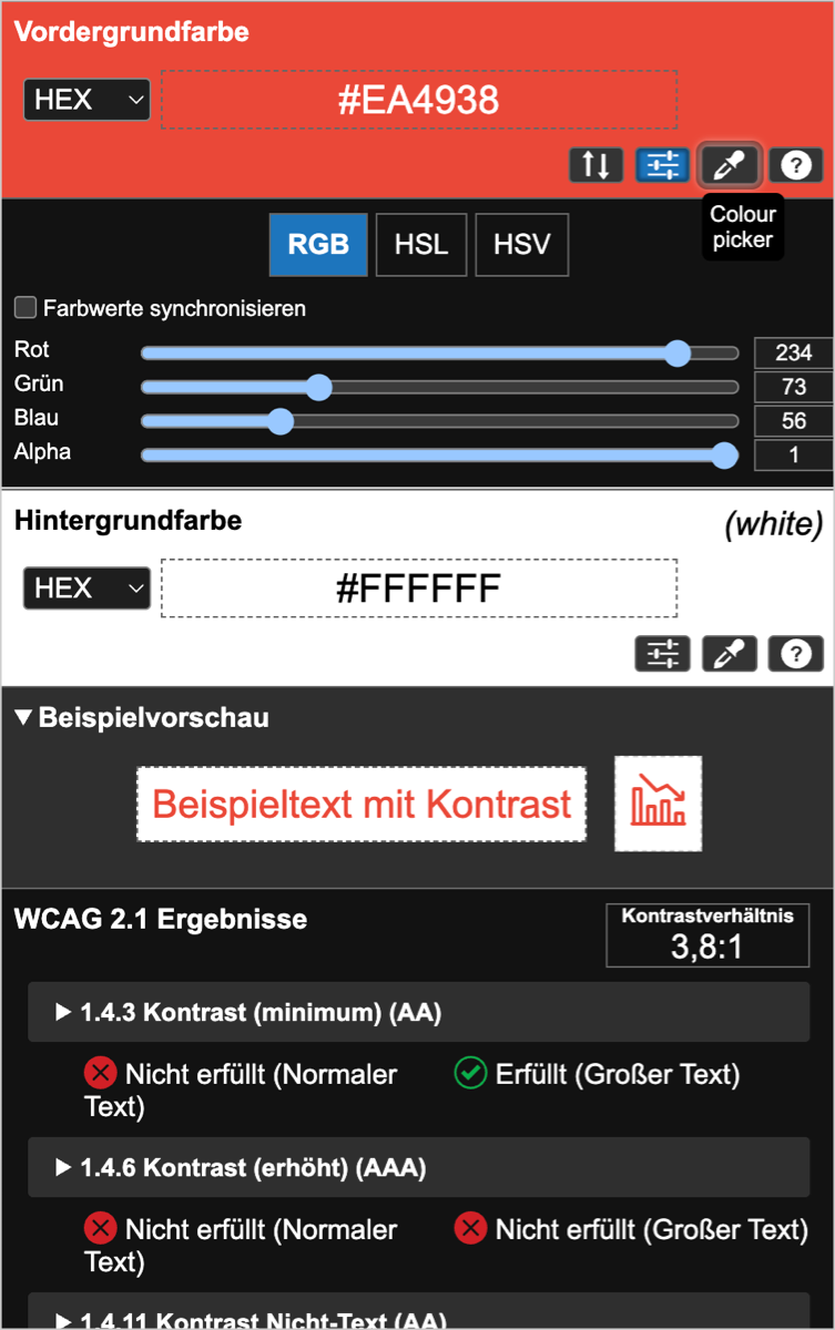 Vispero Color Contrast Checker comparing foreground and background colors
