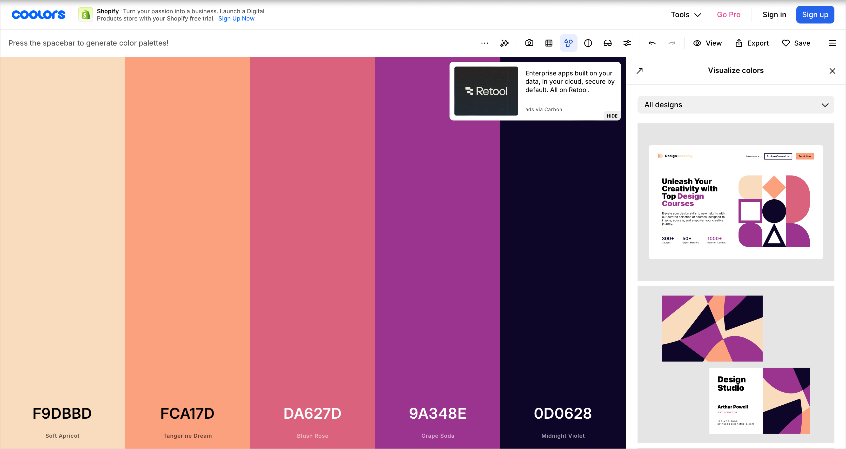 Coolors color palette generator with multiple harmonious color swatches