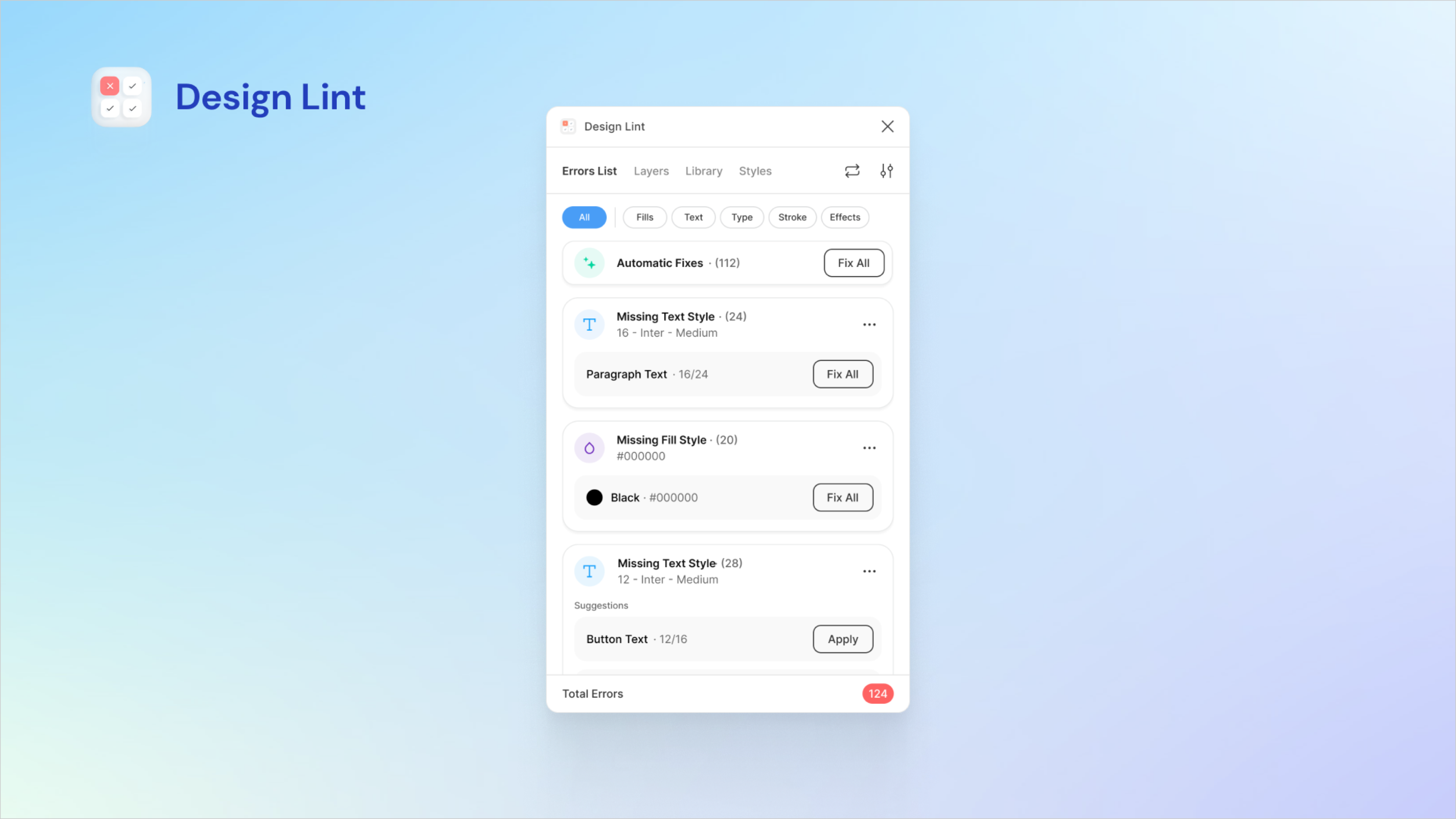 Figma Design Lint plugin interface with checks for components and styles