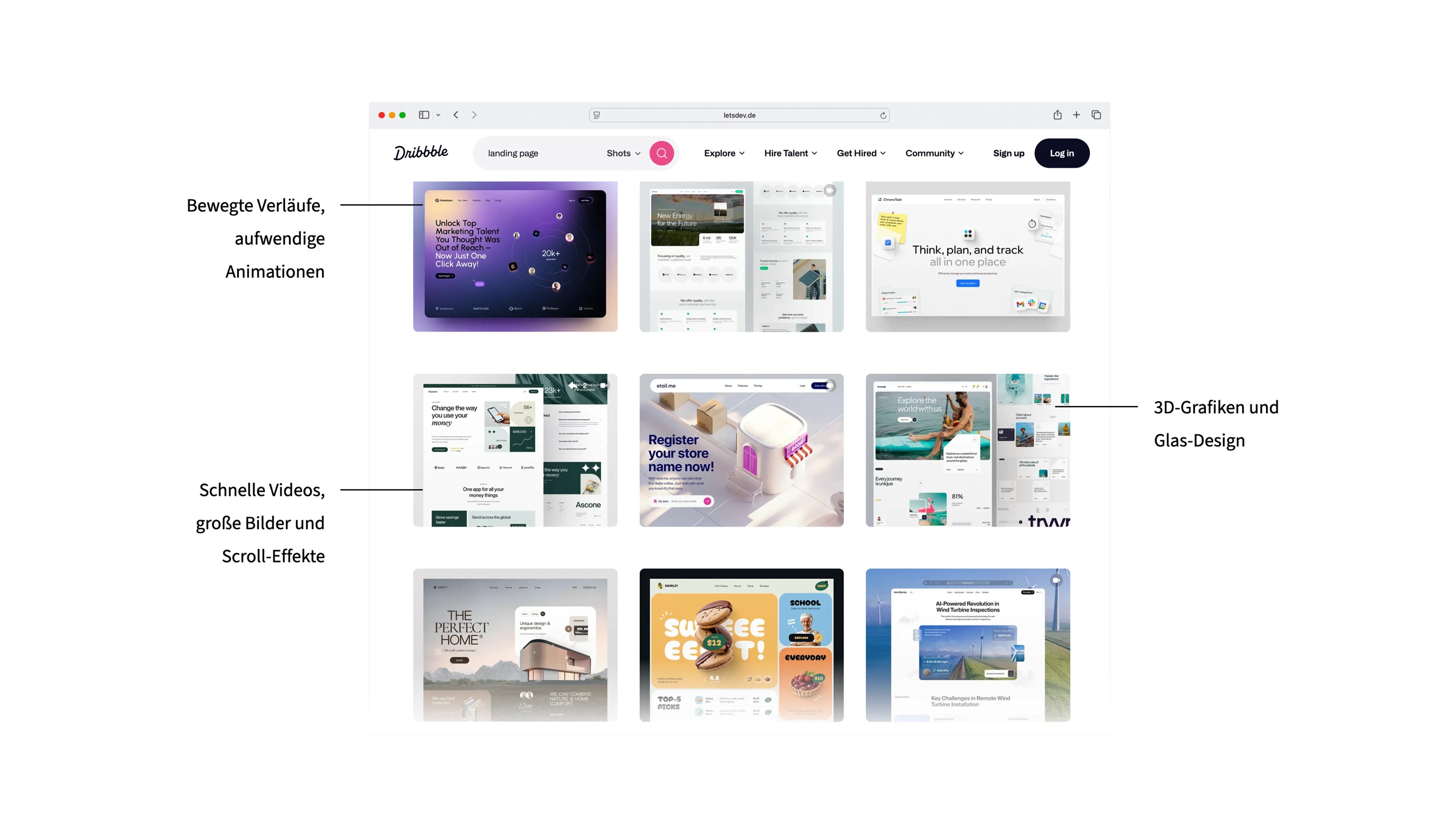 Dribbble homepage – colourful design showcases between visual hype and real UX value