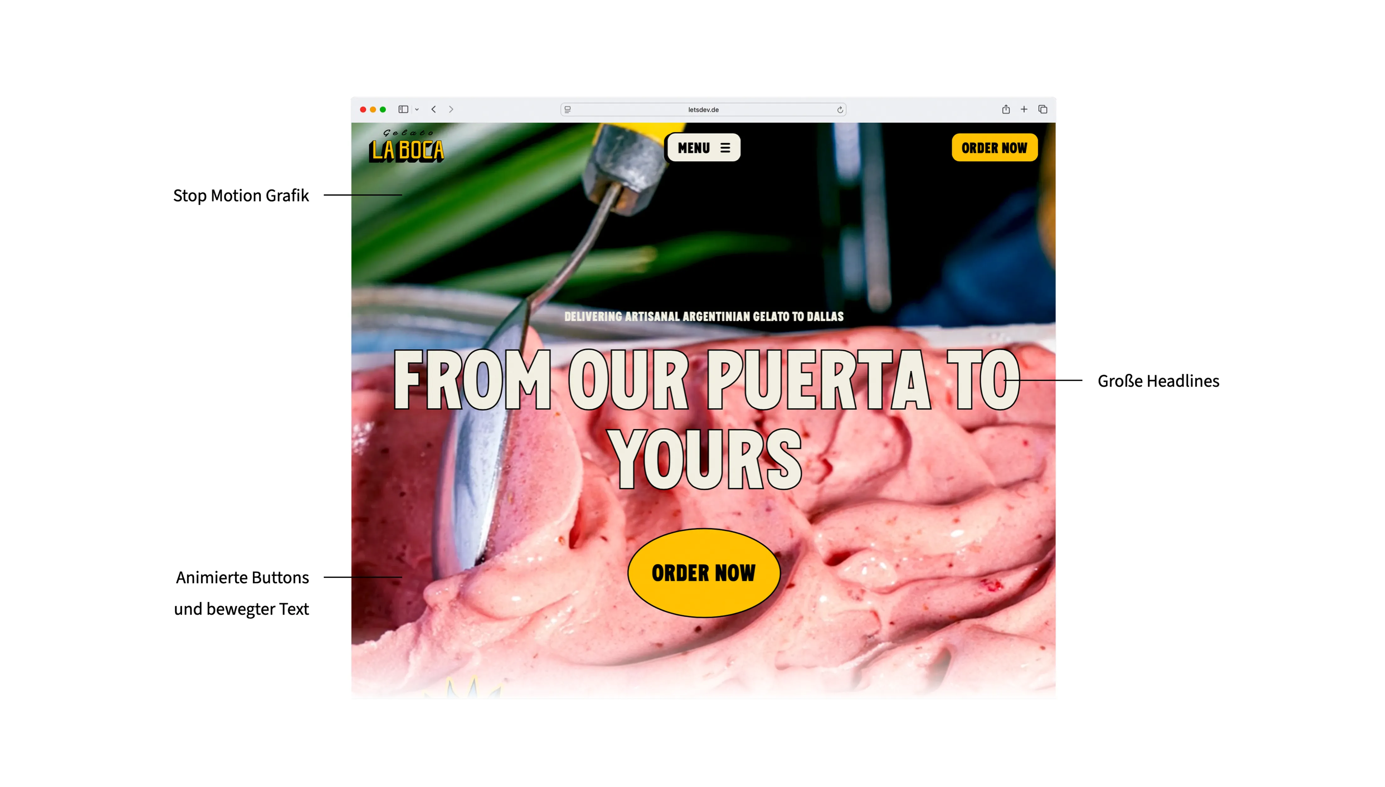 LA BOCA ice cream website – large graphics and bold headlines as an example of handmade illustrations and moving text