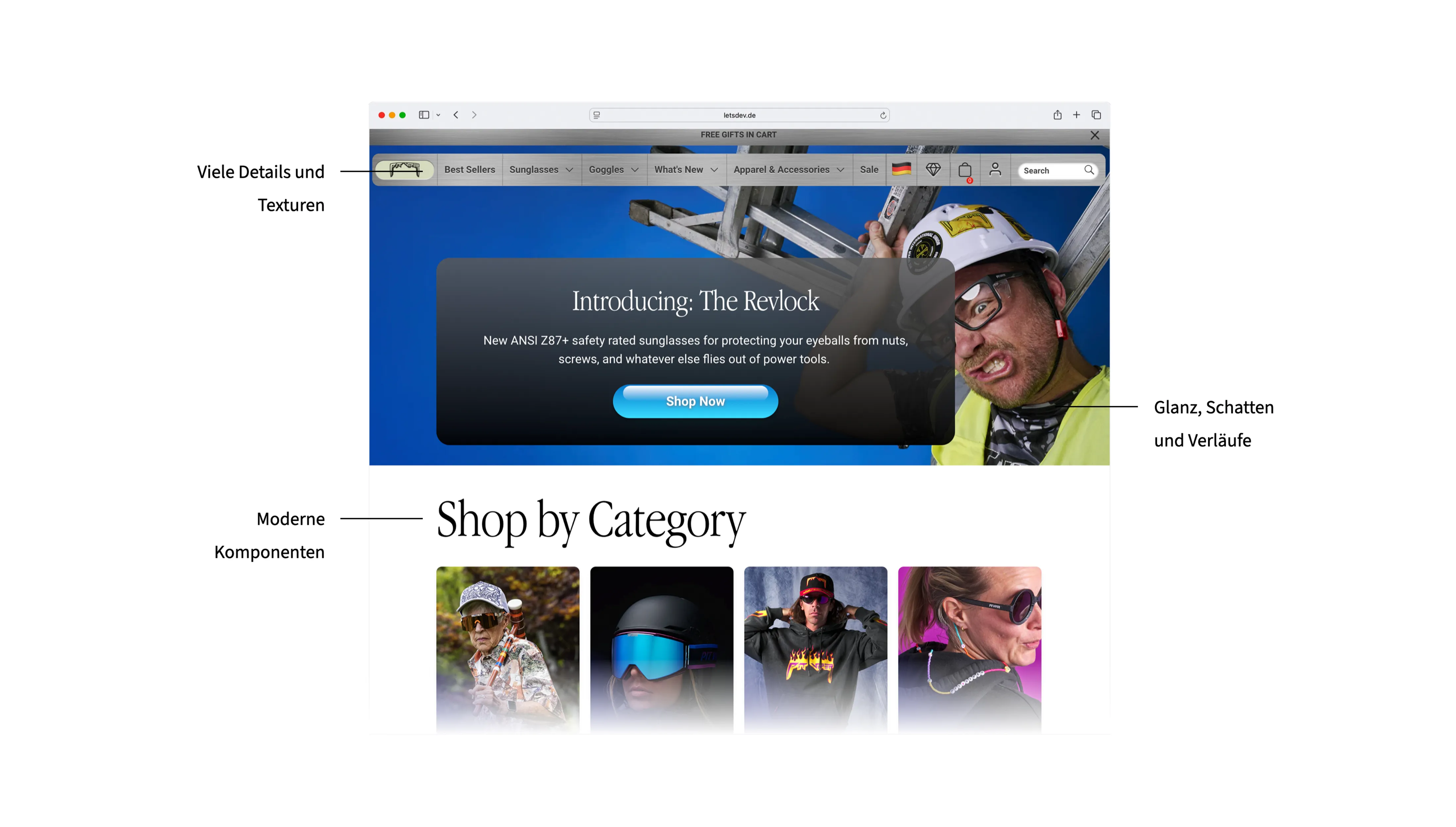 Pit Viper website – textures, shine and gradients as an example of the Y2K retro design trend