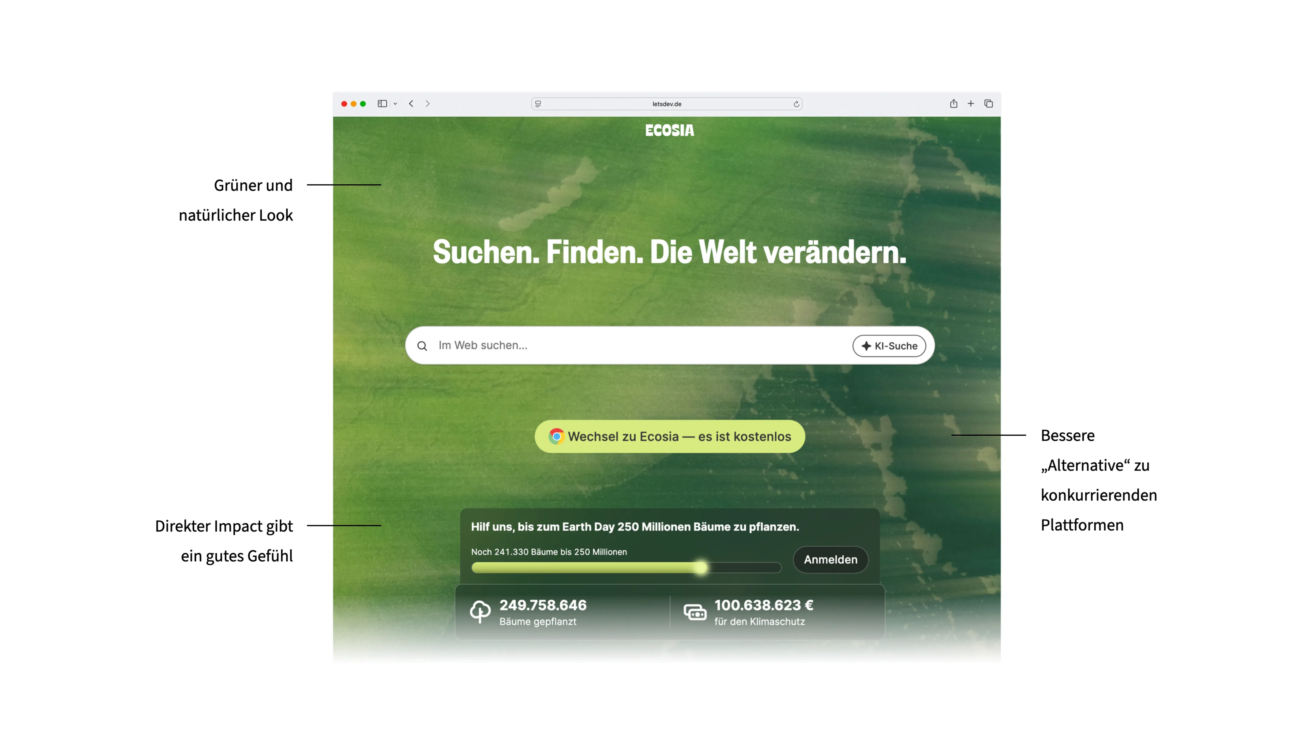 Ecosia search engine – planting trees through searches as an example of sustainability and eco design on the web