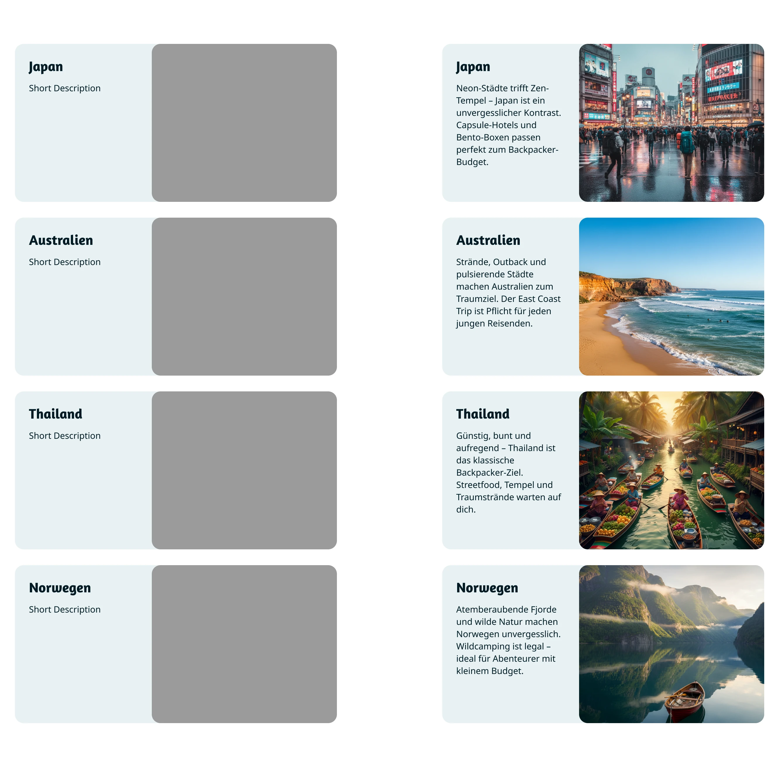 On the left: empty travel cards with placeholders; on the right: cards filled with content