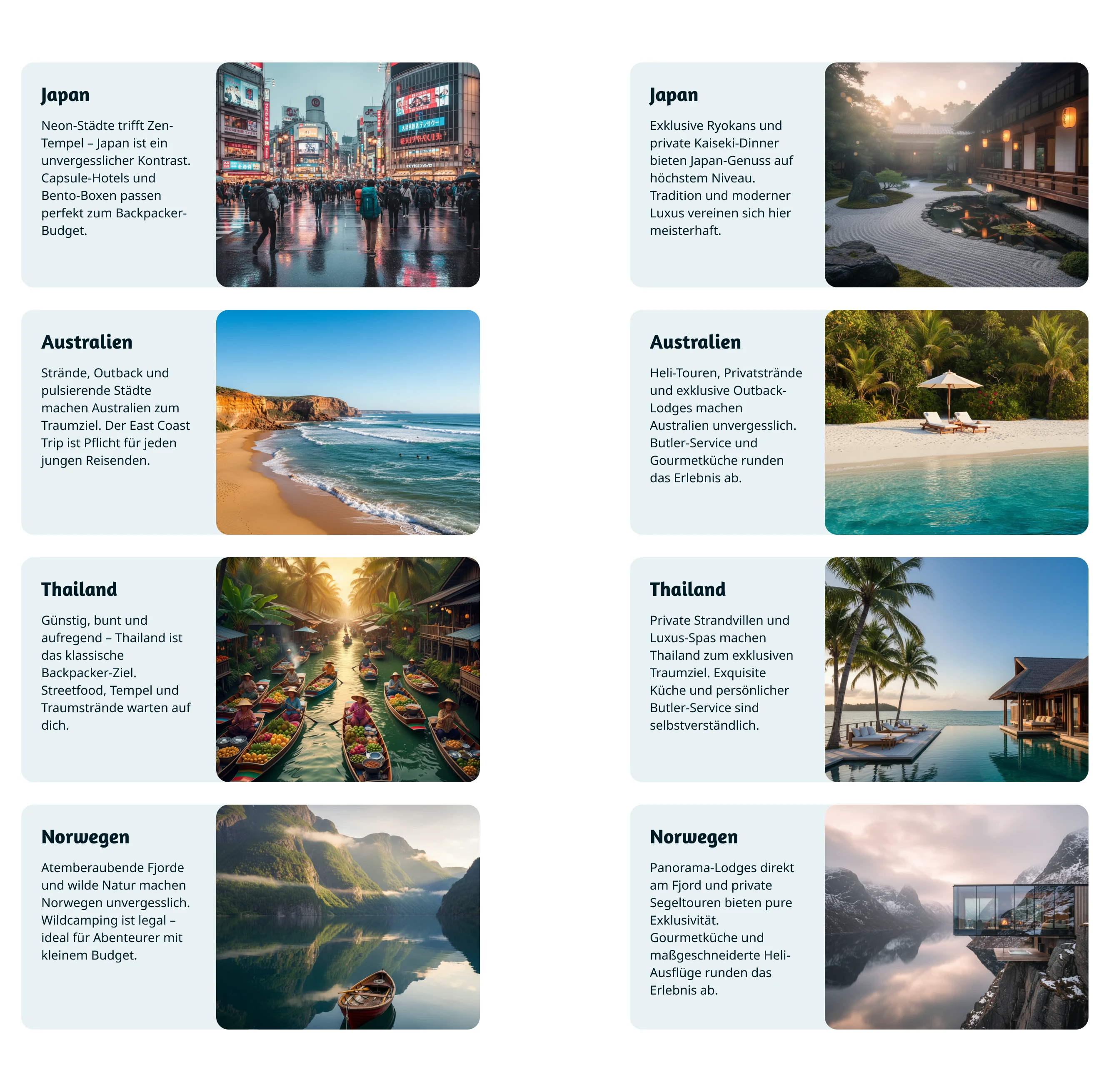 On the left: cards with the original content; on the right: cards with adapted content