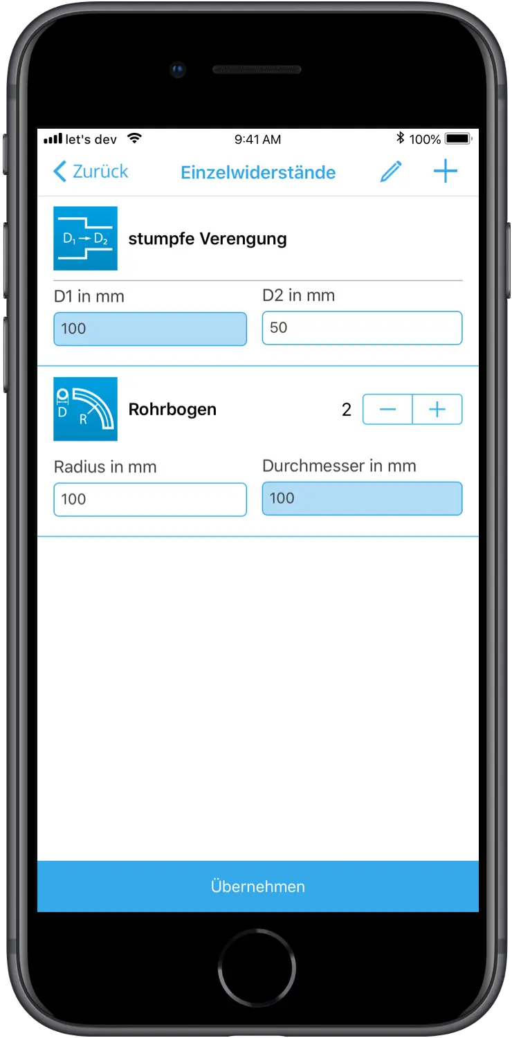 Elektror airsystems GmbH Smart Air App Auswahl von Einzelwiderständen zur Berechnung von lufttechnischen Kennzahlen