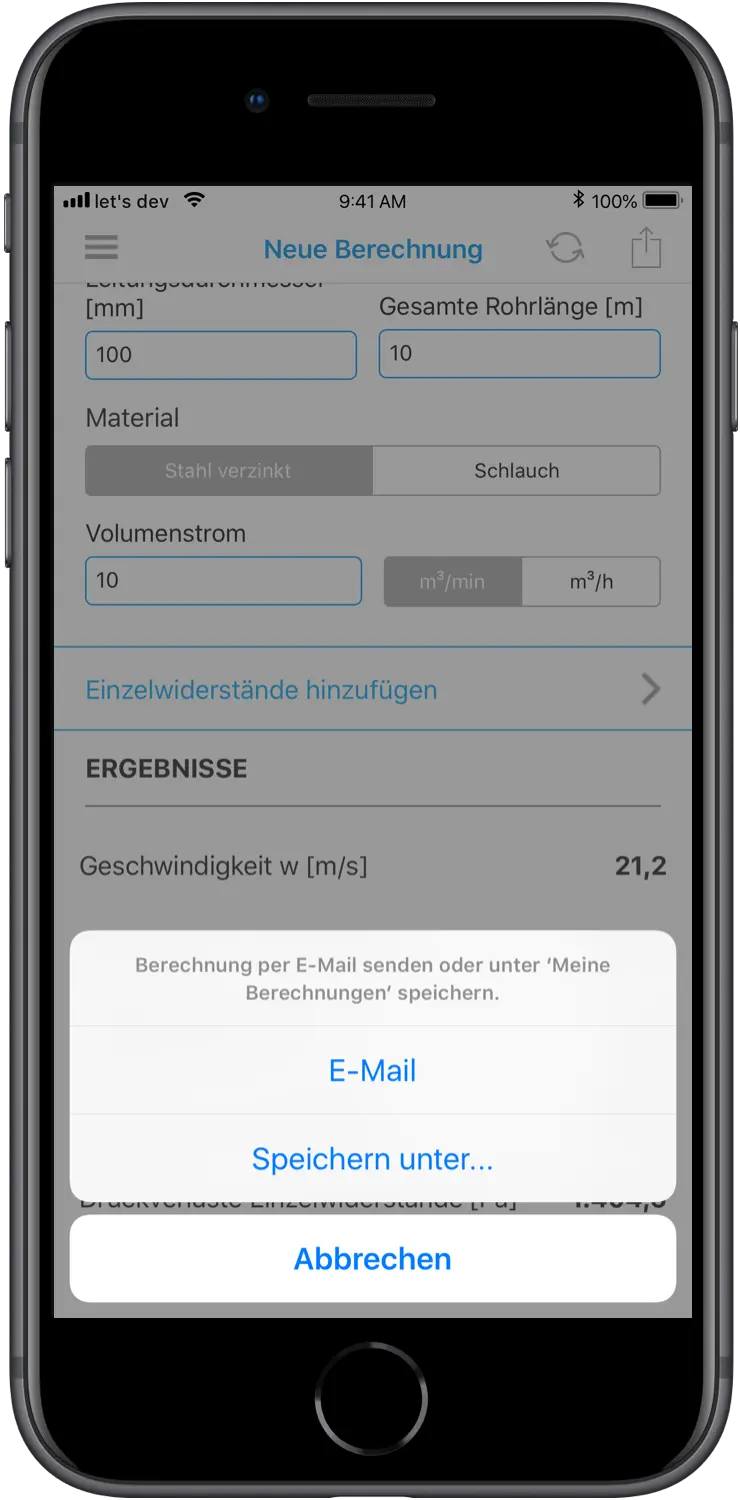 Elektror airsystems GmbH Smart Air App save new calculation