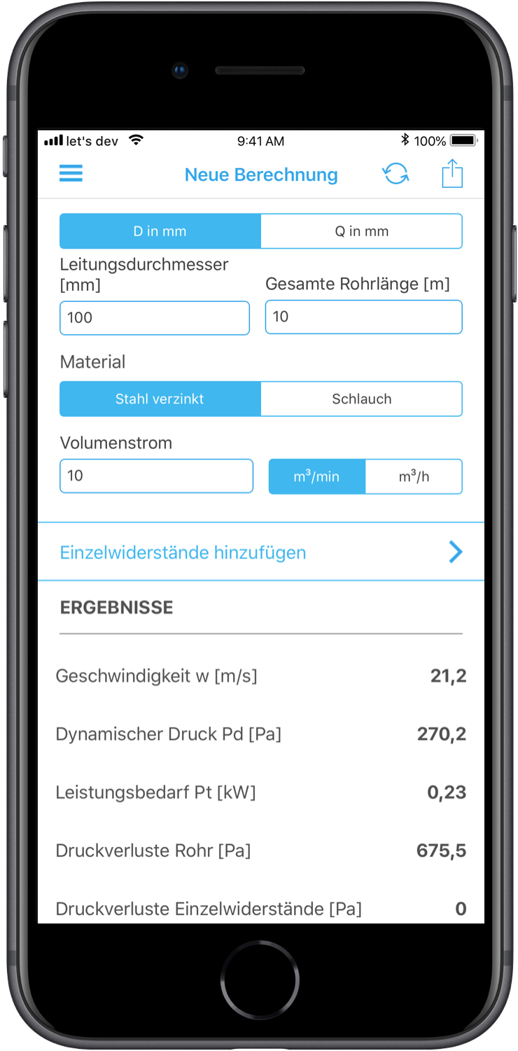 Elektror airsystems GmbH Smart Air App für die digitale Berechnung von Druckverlust, Luftgeschwindigkeit und Leistungsbedarf