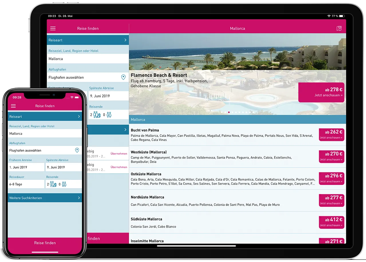 l'tur last-minute vacation app with target group-oriented travel search