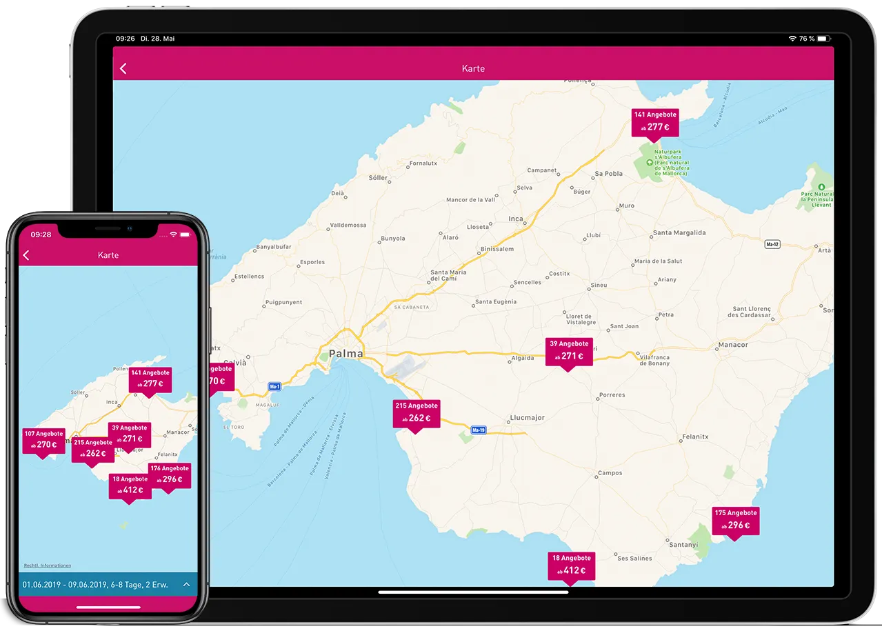 l'tur Last-Minute-Urlaub-App Kartenansicht und Merkzettelfunktion