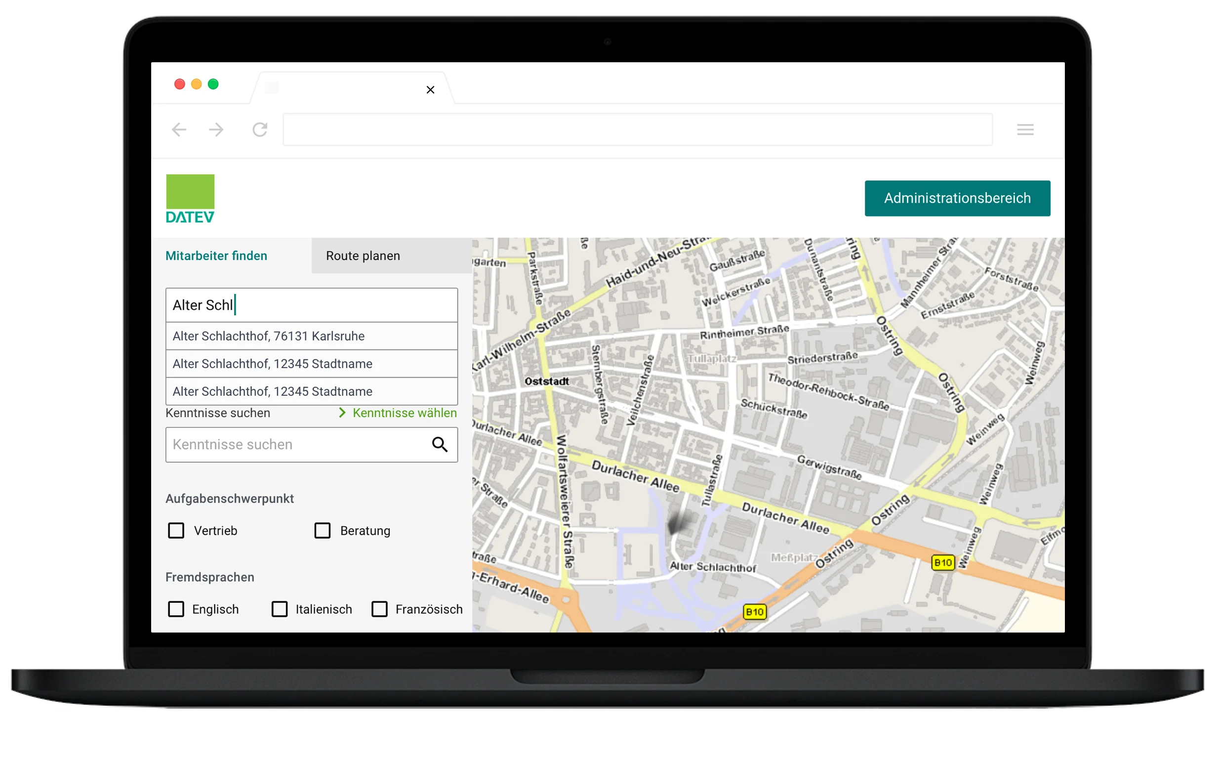 Datev Auftragsnavigator Web-Anwendung mit Mitarbeitersuche und Routenplanung