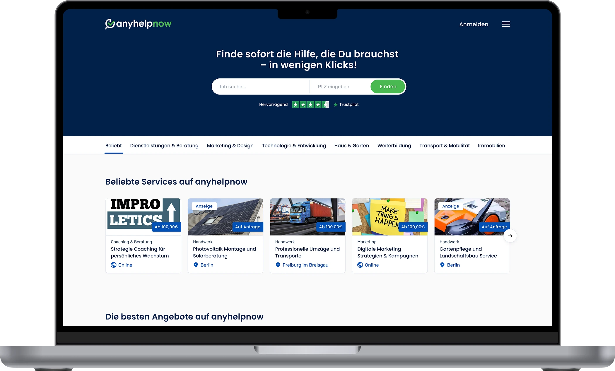 Anyhelpnow Plattformansicht auf Mac und Tablet zur digitalen Vermittlung von Dienstleistungen