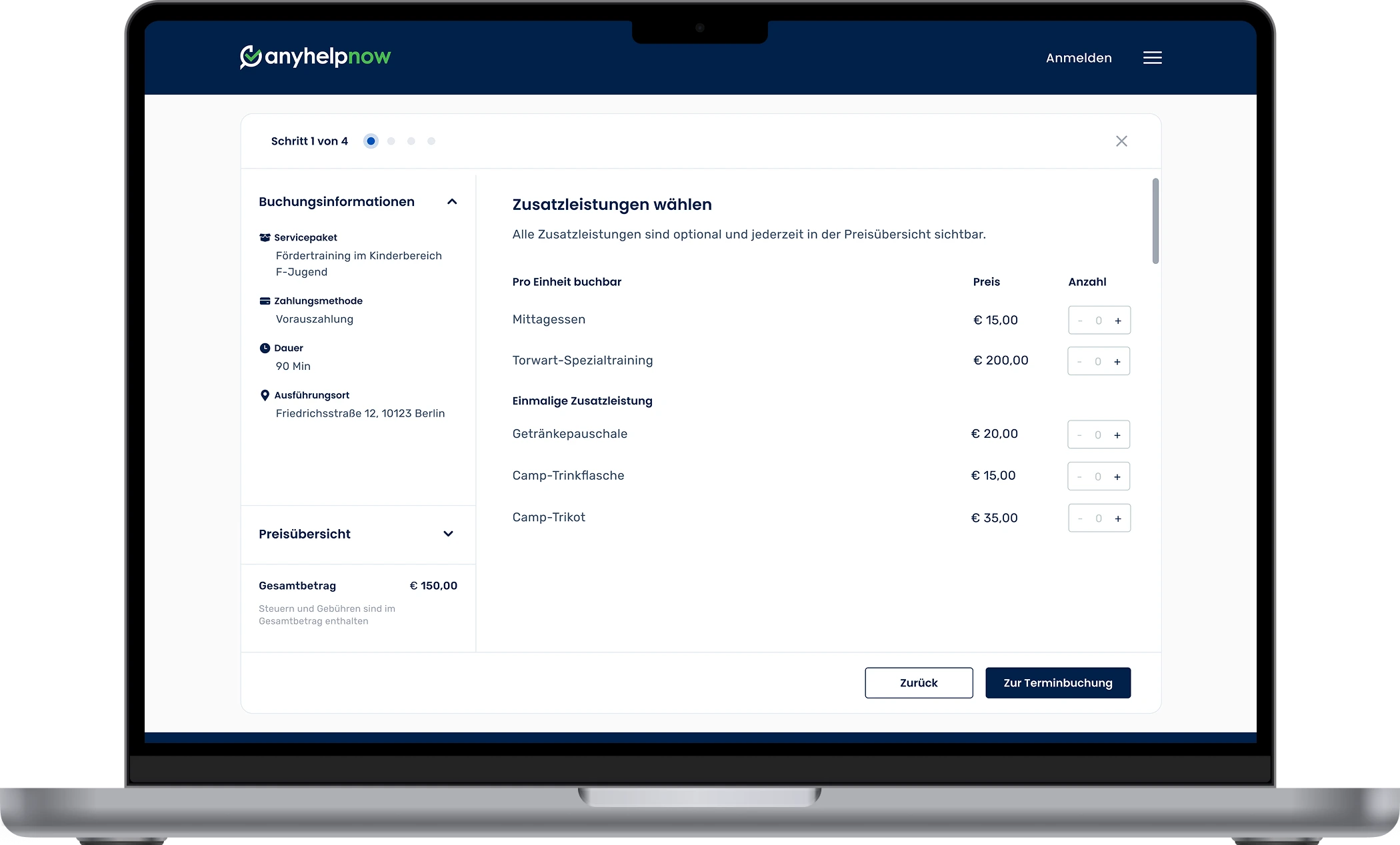 Digitaler Buchungsprozess für Serviceanfragen auf der Plattform